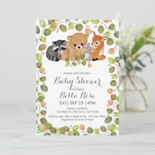 Greenery Woodland Animals Baby shower Invitation Kaart (Staand voorkant)