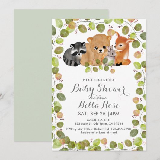 Greenery Woodland Animals Baby shower Invitation Kaart (Voorkant / Achterkant)