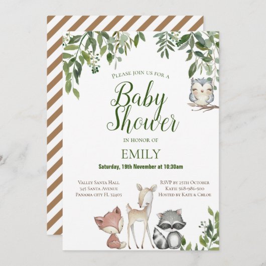 Greenery Woodland Animals Baby shower Invitation Kaart (Voorkant / Achterkant)