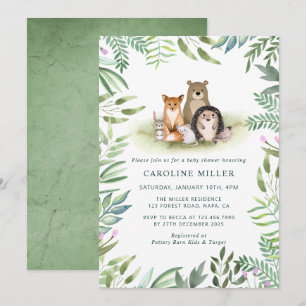 Greenery Woodland Animals Baby shower Kaart
