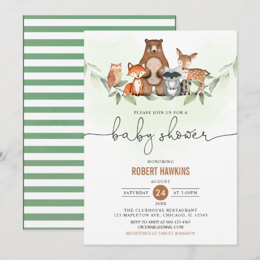 Greenery Woodland Animals Baby shower Kaart (Voorkant / Achterkant)