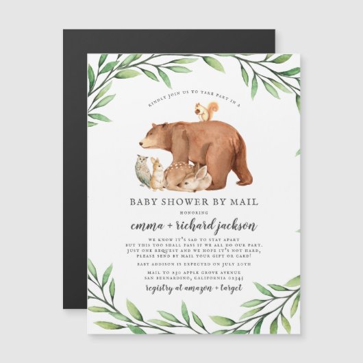 Greenery & Woodland Animals Baby shower per post Magnetische Uitnodiging (Voorkant / Achterkant)