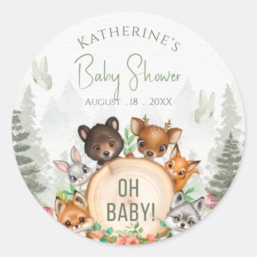Greenery Woodland Animals Baby shower Ronde Sticker (Voorkant)