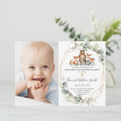 Greenery Woodland Animals Baptism & 1st Birthday Kaart (Staand voorkant)