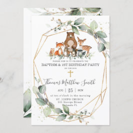 Greenery Woodland Animals Baptism & 1st Birthday Kaart
