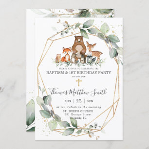 Greenery Woodland Animals Baptism & 1st Birthday Kaart