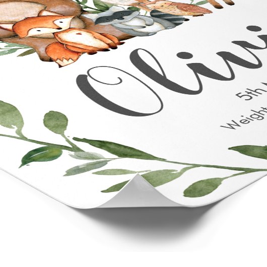 Greenery Woodland Animals Birth Stats Wall Art Poster (Hoek)