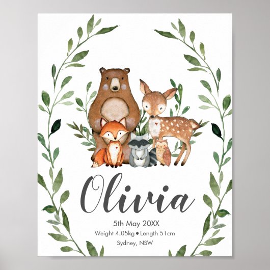 Greenery Woodland Animals Birth Stats Wall Art Poster (Voorkant)