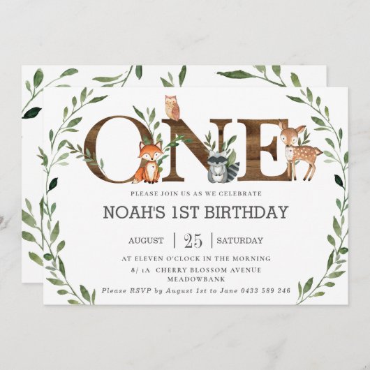 Greenery Woodland Animals hadden één eerste verjaa Kaart (Voorkant / Achterkant)