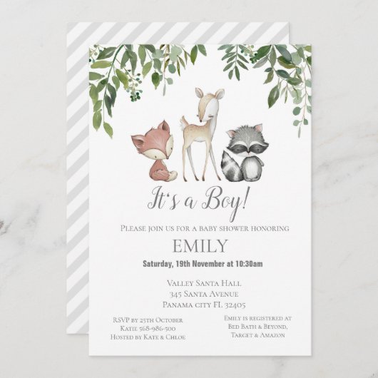 Greenery Woodland Animals Invitation - Baby shower Kaart (Voorkant / Achterkant)