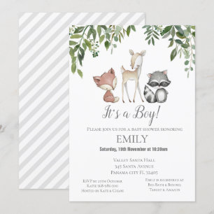 Greenery Woodland Animals Invitation - Baby shower Kaart