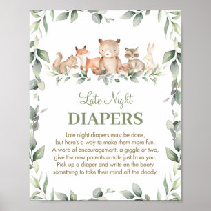 Greenery Woodland Animals Late Night Diapers Sign Poster