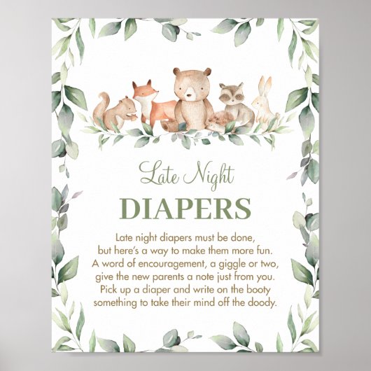 Greenery Woodland Animals Late Night Diapers Sign Poster (Voorkant)