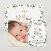 Greenery Woodland Animals New Baby Boy Foto Birth Aankondiging (Voorkant / Achterkant)