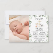 Greenery Woodland Animals New Baby Boy Foto Birth Aankondiging (Voorkant)