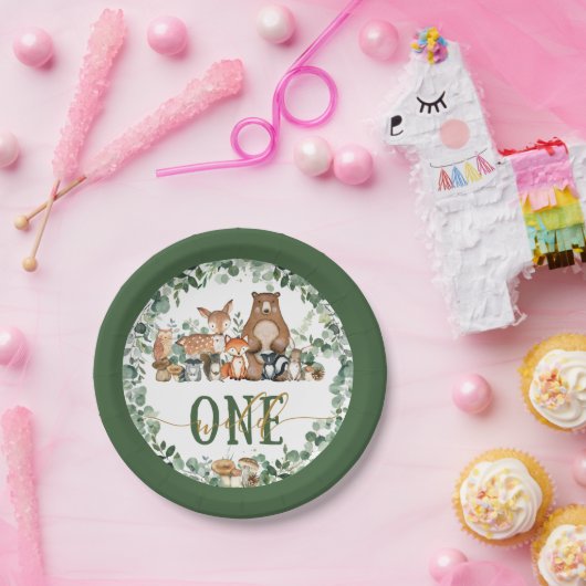 Greenery Woodland Animals Wild One Birthday Papieren Bordje (Feest)
