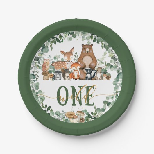 Greenery Woodland Animals Wild One Birthday Papieren Bordje (Voorkant)