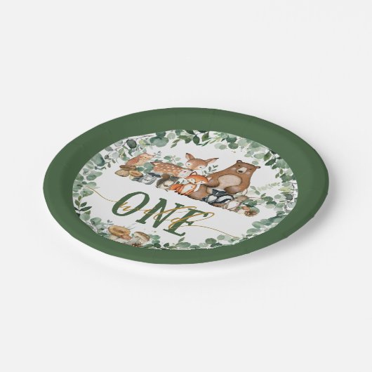 Greenery Woodland Animals Wild One Birthday Papieren Bordje (Gekanteld)