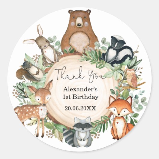 Greenery Woodland Baby Animals Birthday Favors Ronde Sticker (Voorkant)