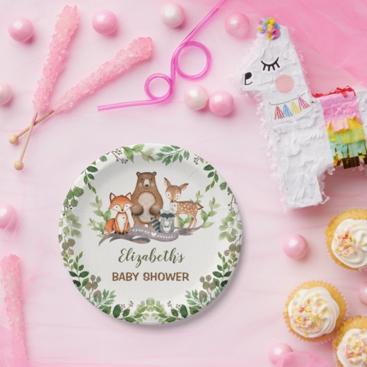 Greenery Woodland Baby Animals schoen 1 zaterdag Papieren Bordje (Feest)