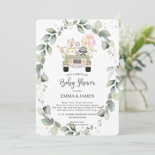 Greenery Woodland Drive Door Baby shower Meisje Kaart (Staand voorkant)