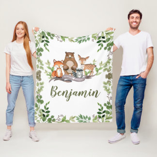Greenery Woodland Forest Animals Boy Nursery Fleece Deken