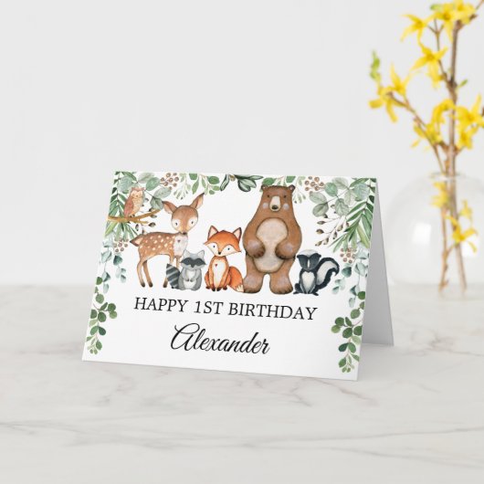 Greenery Woodland Forest Animals Happy Birthday Kaart (Gele Bloem)
