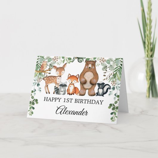 Greenery Woodland Forest Animals Happy Birthday Kaart (Voorkant)
