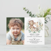 Greenery Woodland Forest Animals Wild one Birthday Kaart (Staand voorkant)