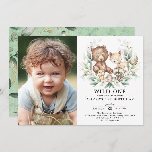 Greenery Woodland Forest Animals Wild one Birthday Kaart (Voorkant / Achterkant)