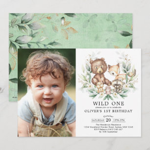 Greenery Woodland Forest Animals Wild one Birthday Kaart