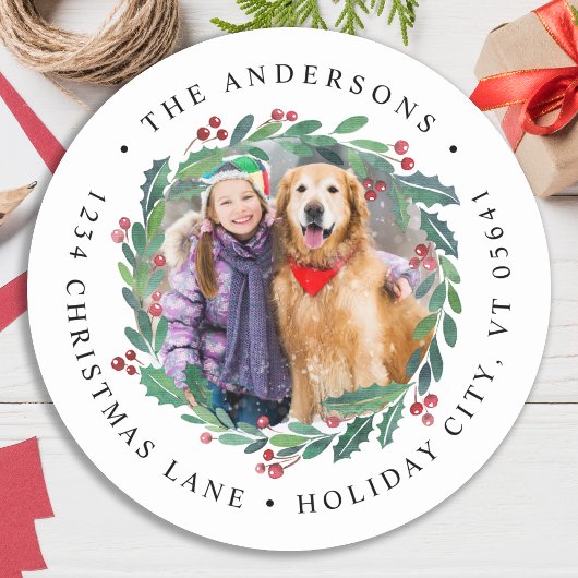 Greenery Wreate kerstfoto Return Address Ronde Sticker