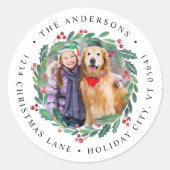 Greenery Wreate kerstfoto Return Address Ronde Sticker (Voorkant)