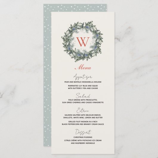 Greenery Wreate Monogram kerstfeestdag diner Menu (Voorkant / Achterkant)