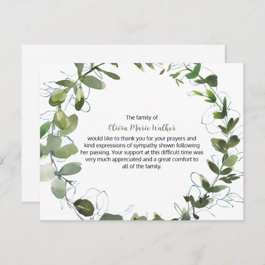 Greenery Wreater Funeral Script Dank u Noteer Kaar Bedankkaart (Voorkant / Achterkant)