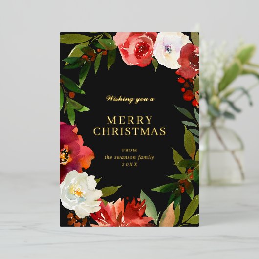 Greenery Wreater Waterverf Black Gold Kerstmis Folie Feestdagenkaart (Staand Voorkant)