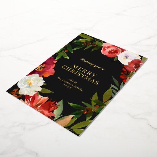 Greenery Wreater Waterverf Black Gold Kerstmis Folie Feestdagenkaart (Gedraaid)