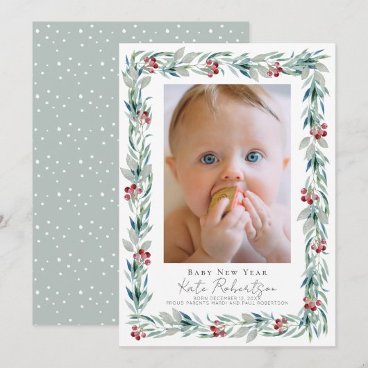 Greenery Wreath Baby New Year Photo Holiday Kaart (Voorkant / Achterkant)