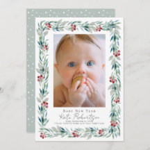 Greenery Wreath Baby New Year Photo Holiday Kaart