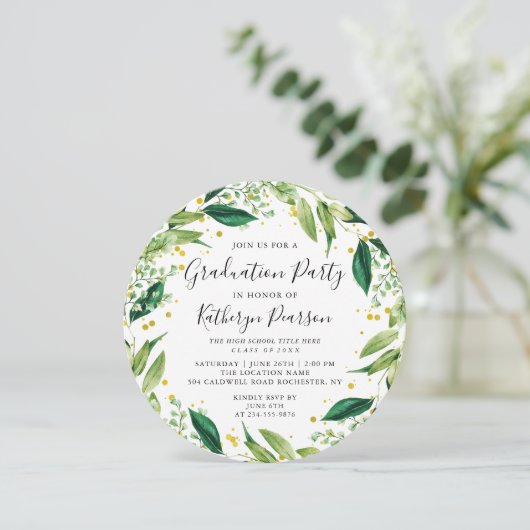 Greenery Wreath Black Gold Glitter Afstuderen Invi Kaart (Staand voorkant)