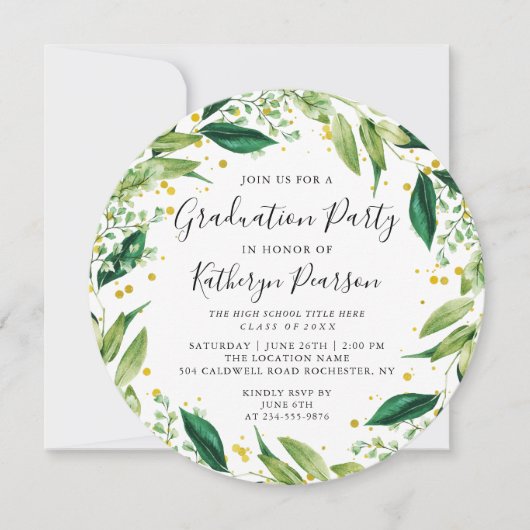 Greenery Wreath Black Gold Glitter Afstuderen Invi Kaart (Voorkant)