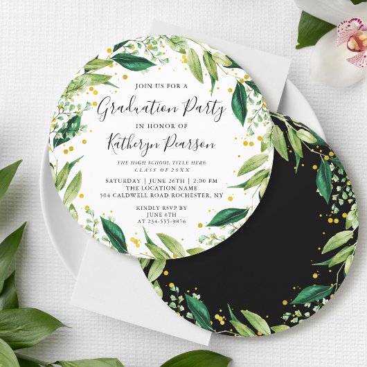 Greenery Wreath Black Gold Glitter Afstuderen Invi Kaart