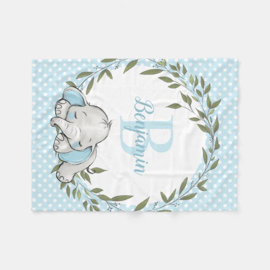 Greenery Wreath Blue Elephant Personalized Boy Fleece Deken (Voorkant (Horizontaal))