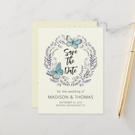 Greenery Wreath Butterfly Wedding Save the Date Aankondigingskaart (Voorkant / Achterkant in situ)