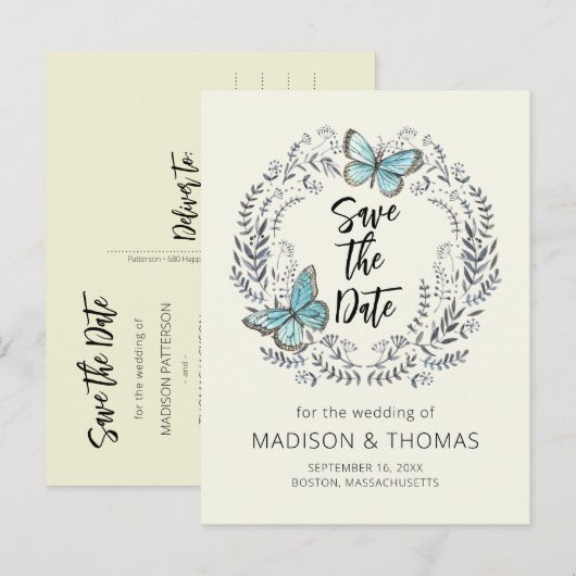 Greenery Wreath Butterfly Wedding Save the Date Aankondigingskaart (Voorkant / Achterkant)