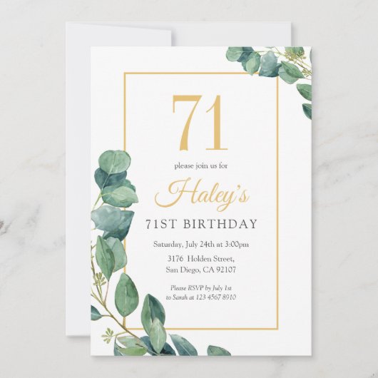 Greenery Wreath Chic Gold & Sage 71e verjaardag Kaart (Voorkant)