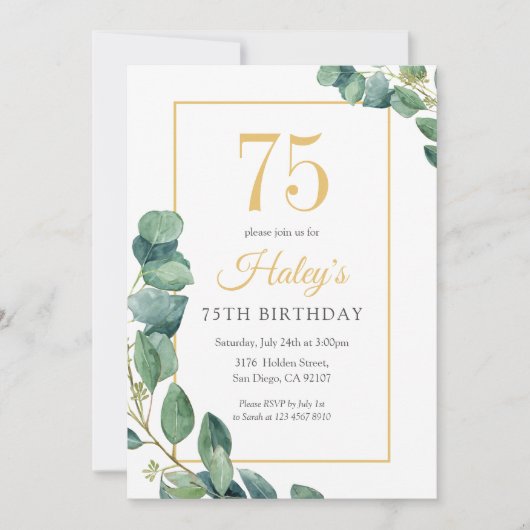 Greenery Wreath Chic Gold & Sage 75E Verjaardag Kaart (Voorkant)