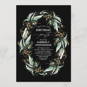 Greenery Wreath Elegant Modern Black Birthday Kaart