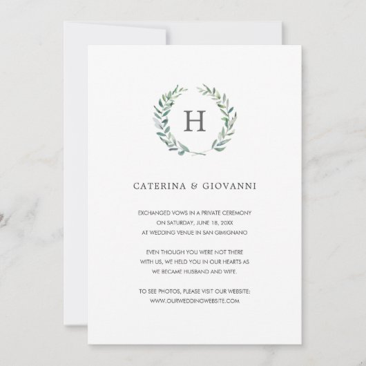 Greenery Wreath Elegant Monogram Elopement Wedding Aankondiging (Voorkant)