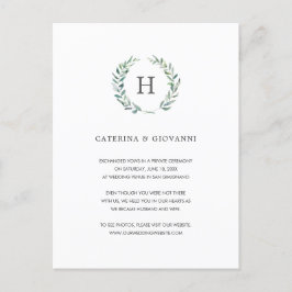 Greenery Wreath Elegant Monogram Elopement Wedding Aankondigingskaart